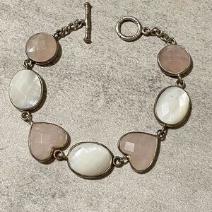 Faceted Pink Quartz Clear Quartz Mother of Pearl Station Bracelet Sterling 7"